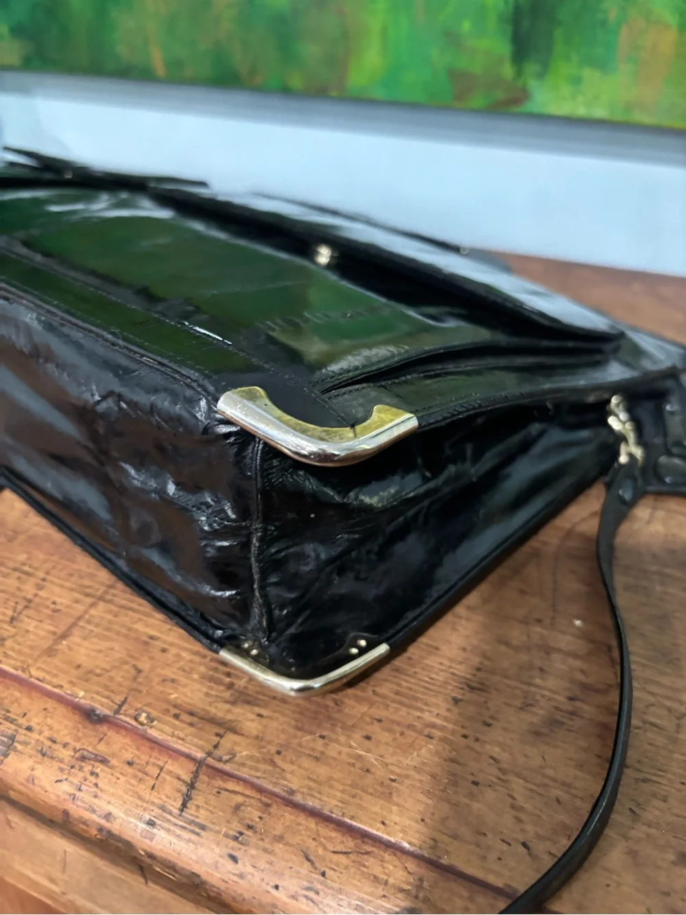 Vintage 80s Genuine Eel Skin Briefcase Crossbody Bag Black Gold Corners